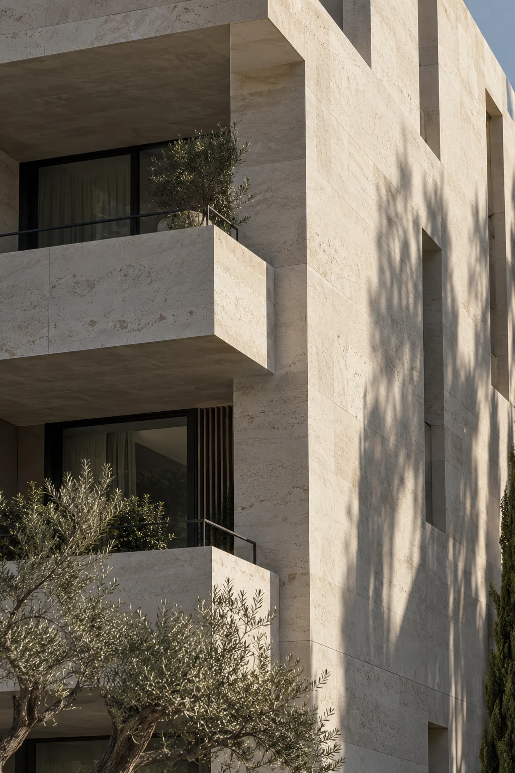 Skulpturale helle Fassade mit Balkonen im Sonnenlicht – symbolische Architekturdarstellung
